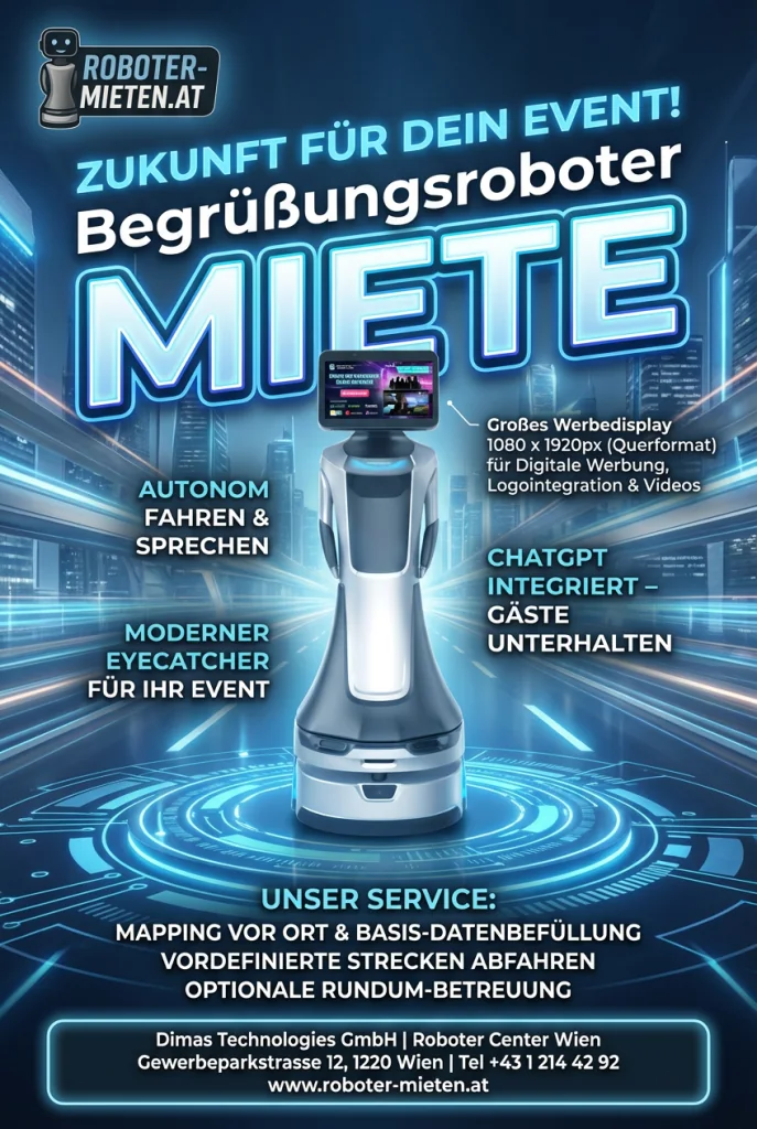 Begrüßungsroboter mieten, ChatGPT integriert, moderner Eyecatcher